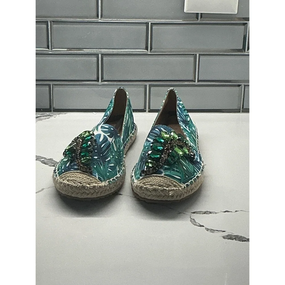 ESPI Flats Espadrille Slides Green Multi Leaf Print Embellished Size‎ 10